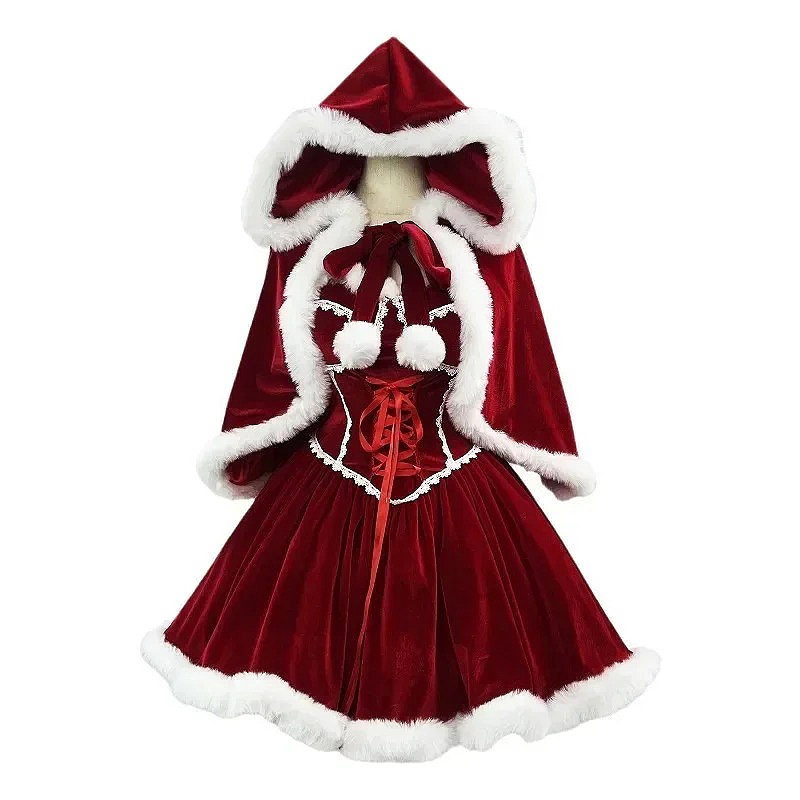 Elf Costume Christmas - Ano novo vestido vermelho manto cosplay